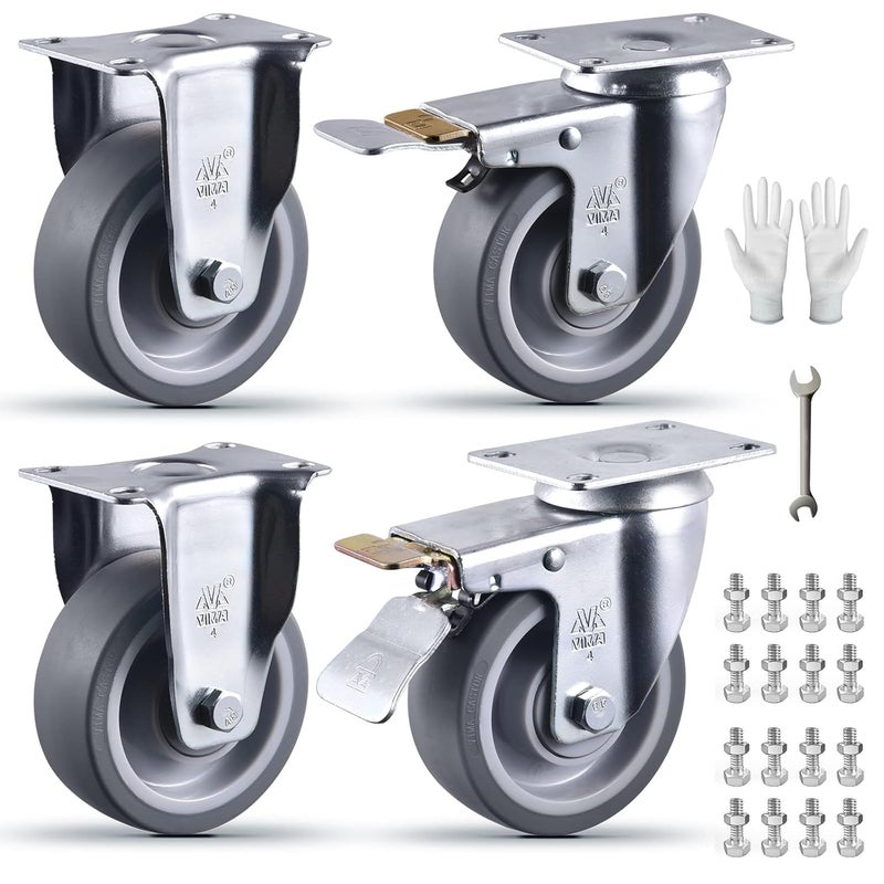 VIMA 4 Inch Castets Set of 4 Heavy Duty Caster Wheels with Brake 2200Lbs Swivel Rigid TPR Rubber Wheel Silent Castor Locking Industrial Plate Casters Wheels for Cart Furniture Workbench, 2 Fixed & 2 Brake - Image 1